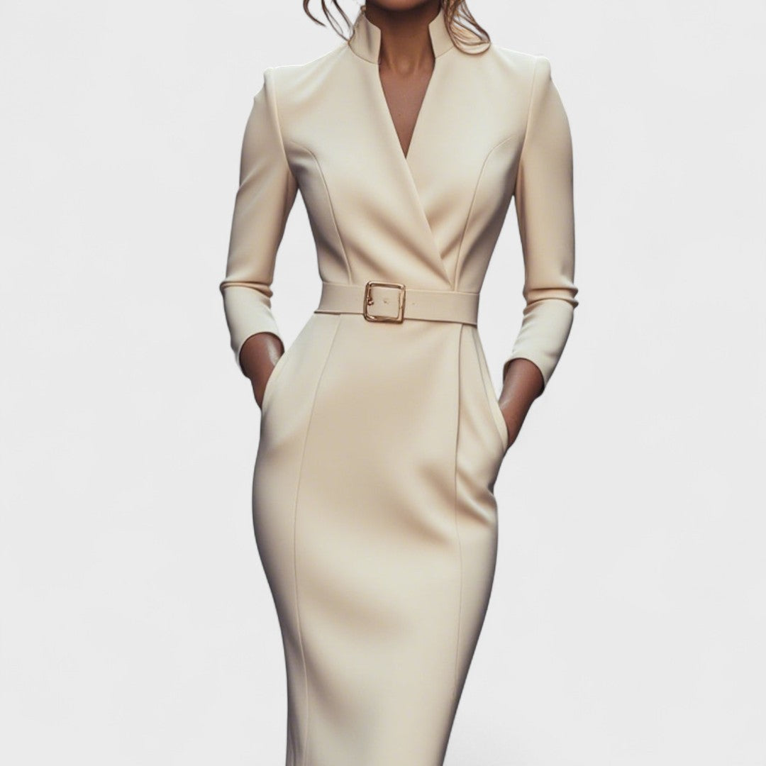 Hana - Elegantní černé šaty s páskem a límcem