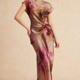 Silvie – Trendy midi šaty v tie-dye stylu s detailním uzlem