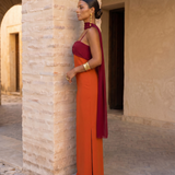 Zahara | Vestido en naranja con escote en rojo (PRE ORDER 12-13 JUNIO)