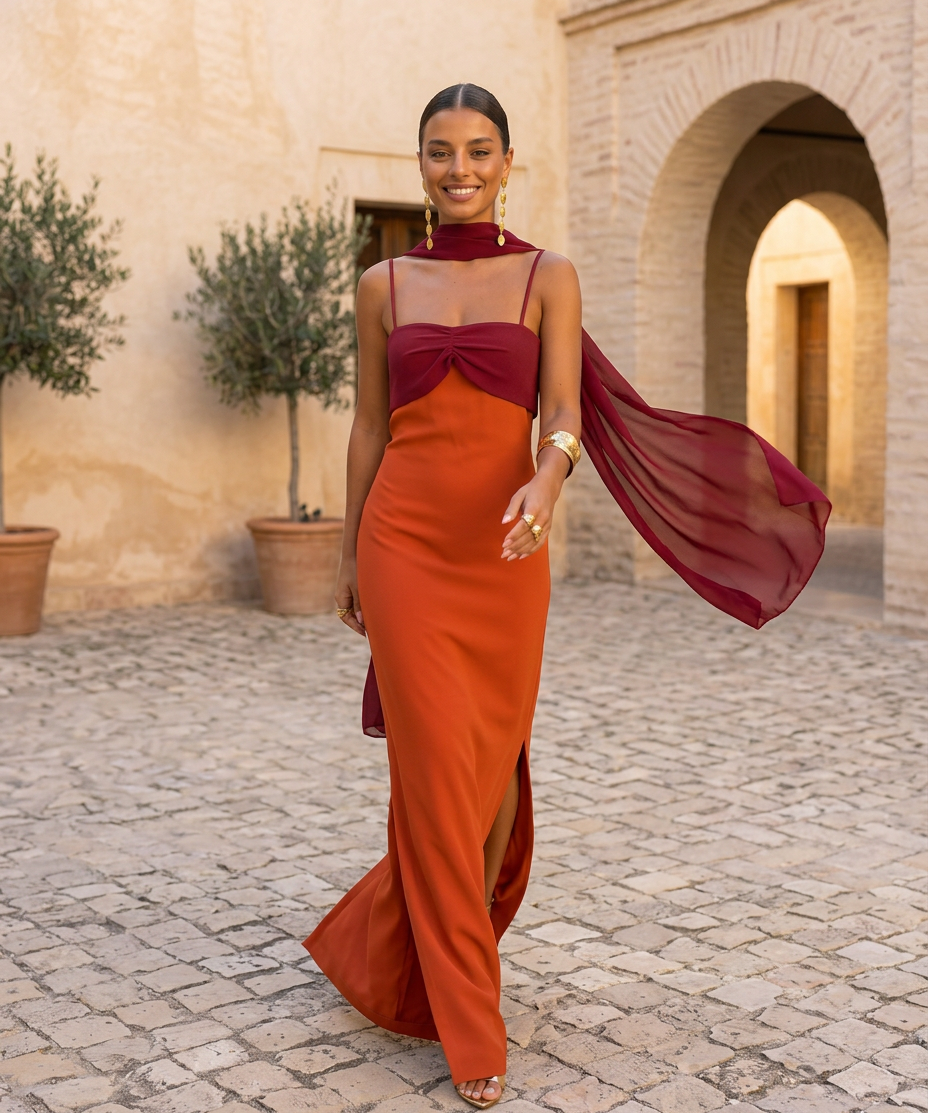 Zahara | Elegantní oranžové šaty s červeným výstřihem