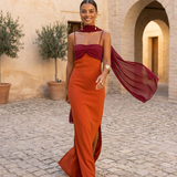 Zahara | Vestido en naranja con escote en rojo (PRE ORDER 12-13 JUNIO)